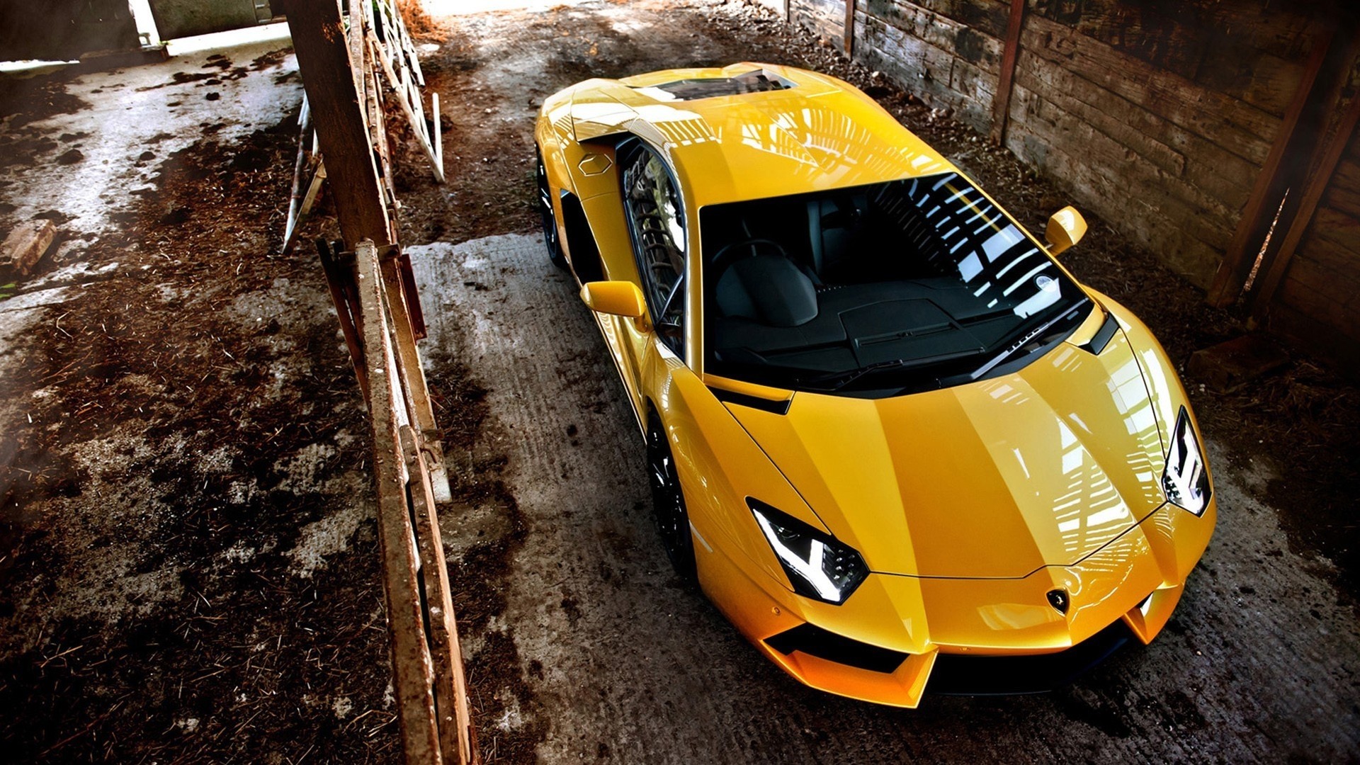 Yellow Lamborghini Aventador in a Barn HD Wallpaper