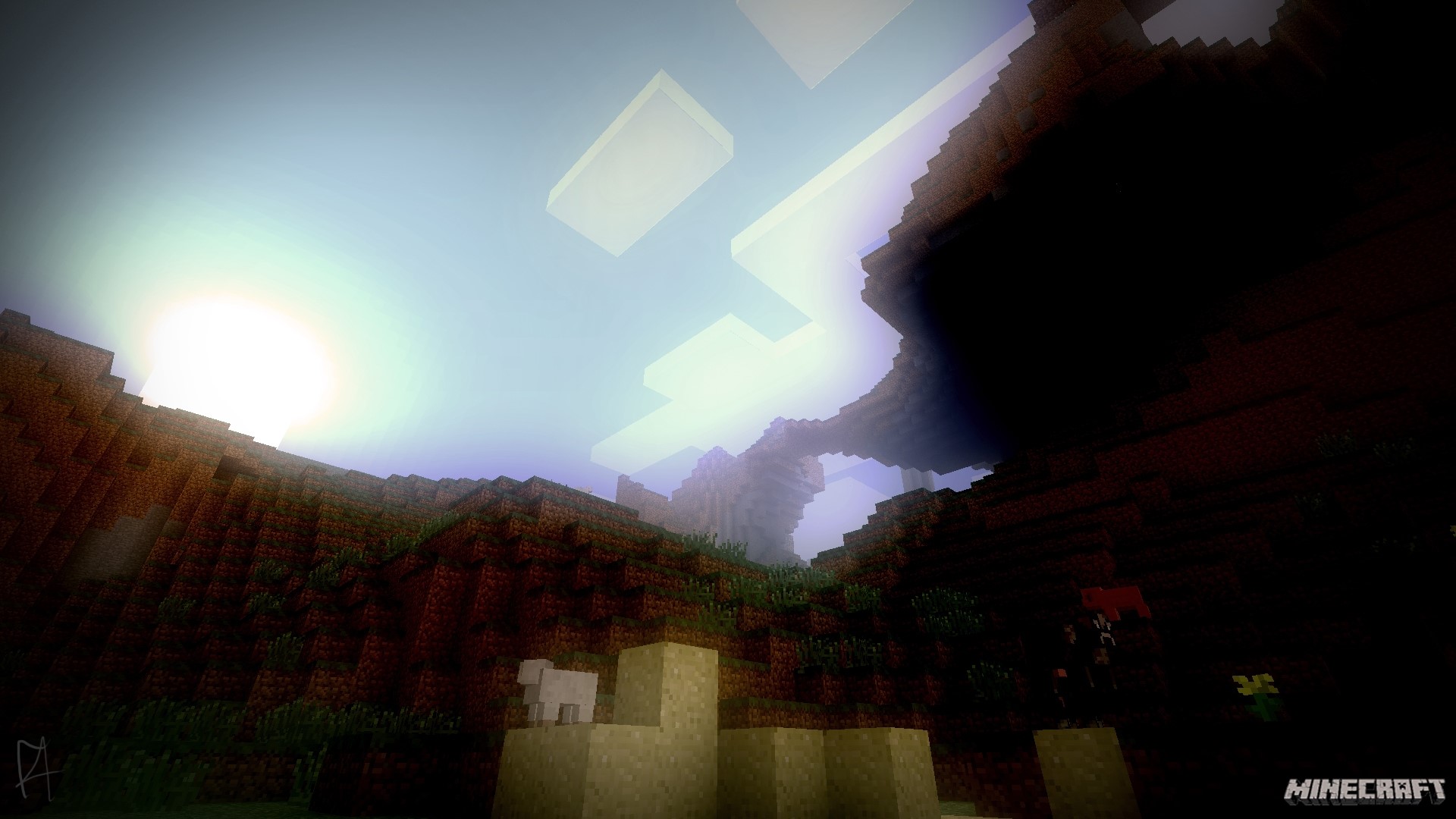 Minecraft landscape with sun and clouds HD Wallpaper
