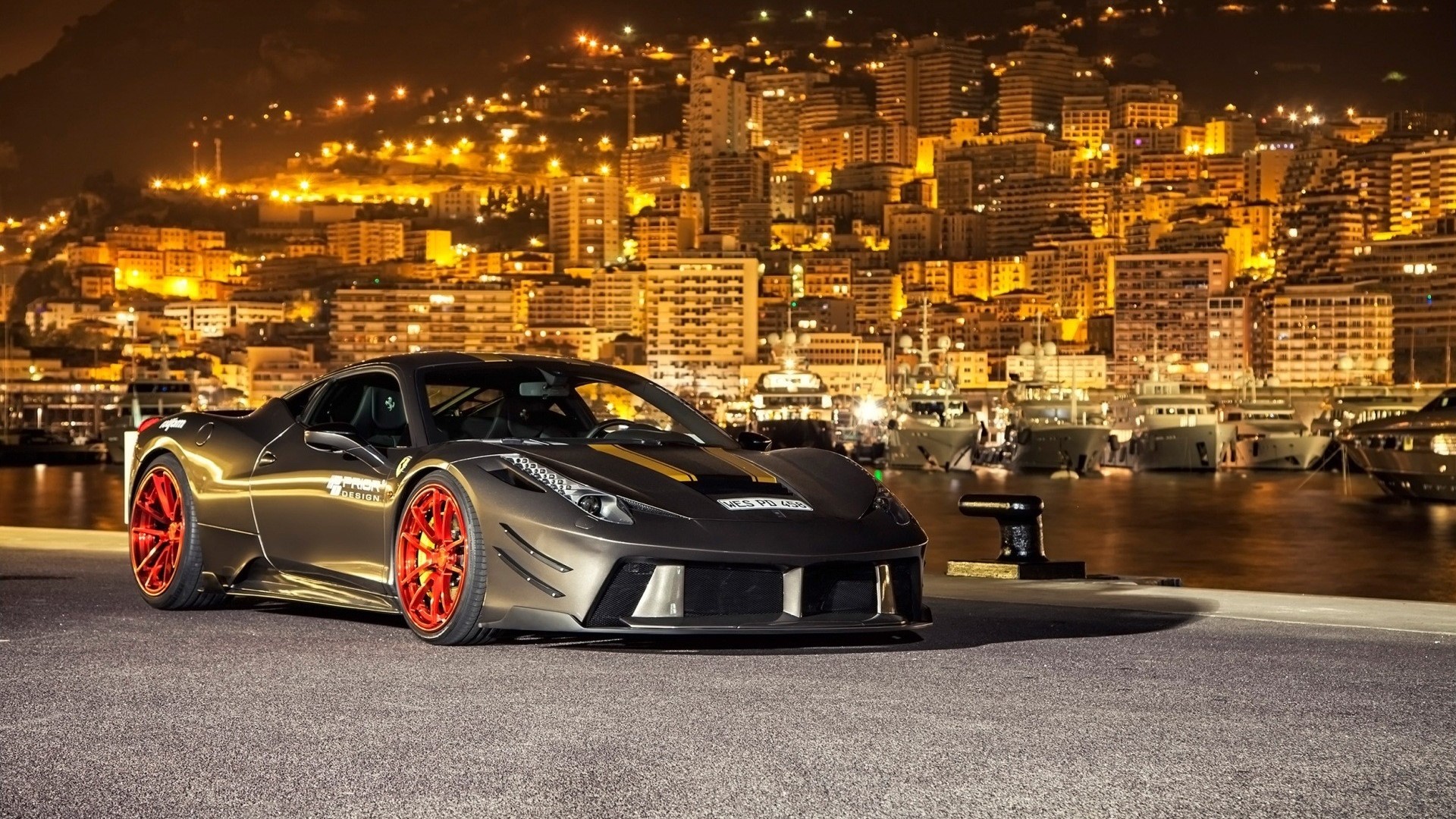 Ferrari 458 Italia in Monaco Cityscape at Night HD Wallpaper