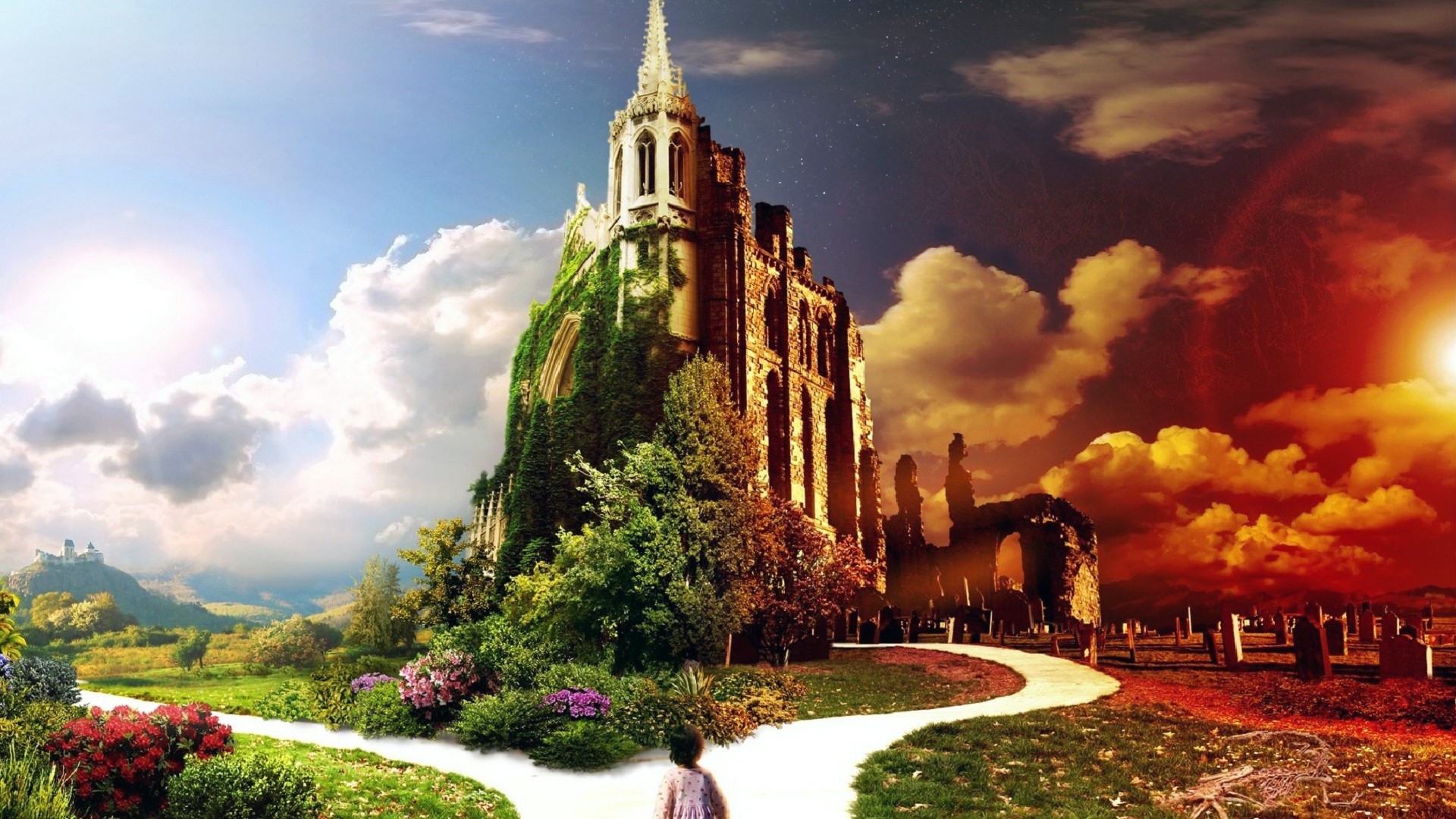 Duality Fantasy Castle Path HD Wallpaper