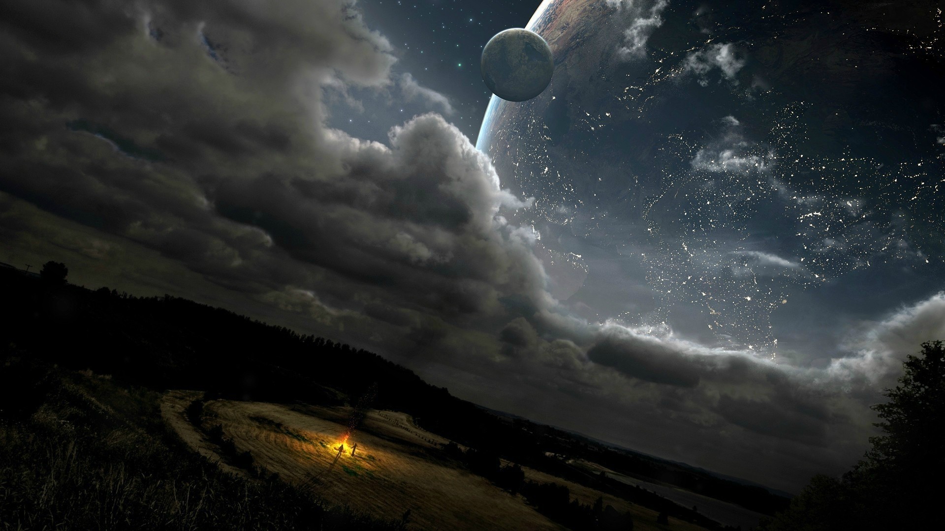 Fantasy Space Landscape with Campfire HD Wallpaper
