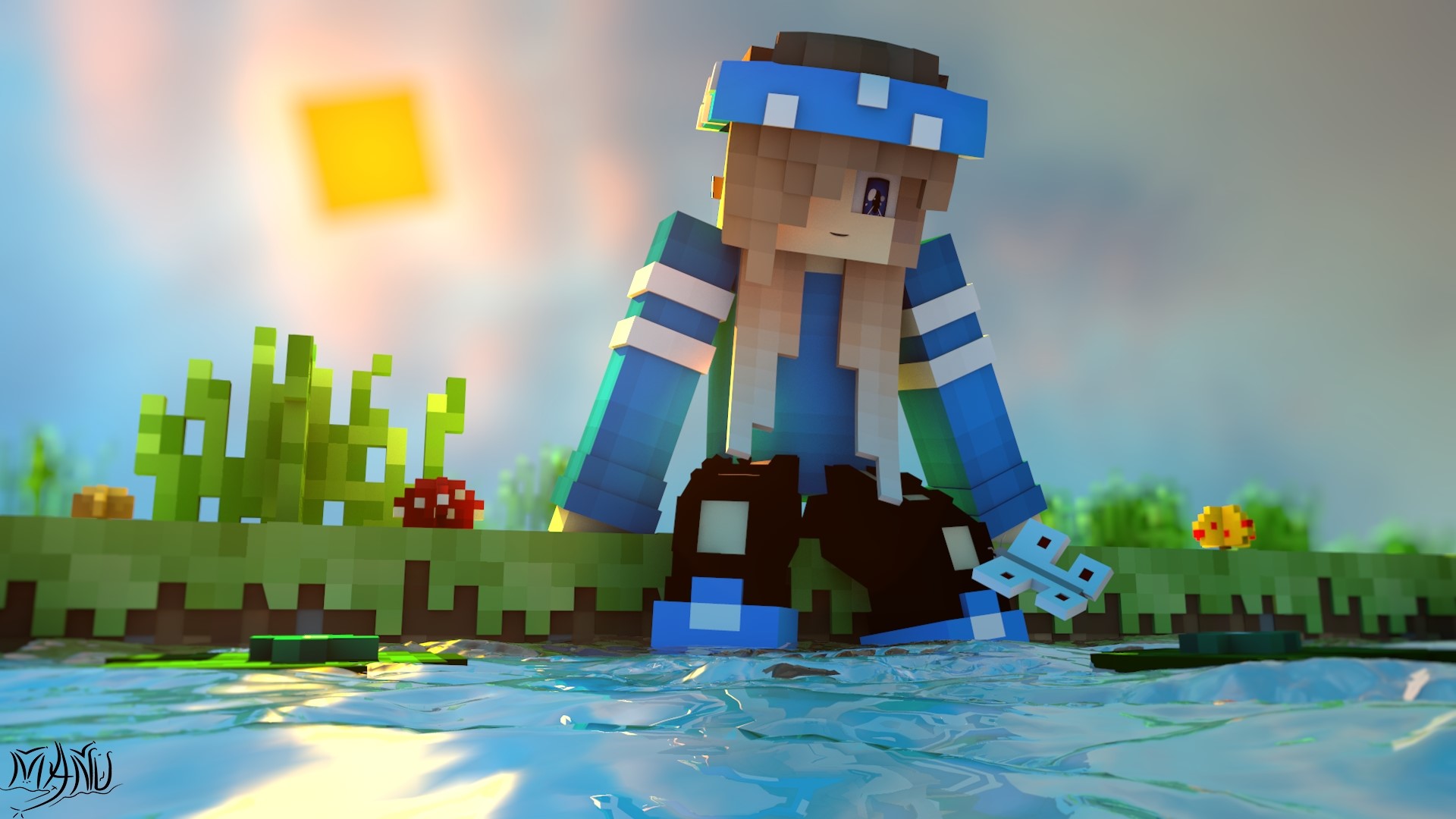 Minecraft character sitting by water HD Wallpaper