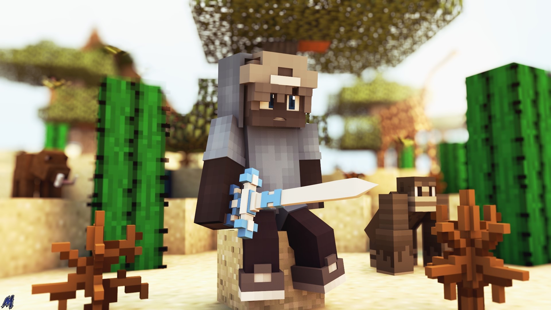 Minecraft character with sword in desert HD Wallpaper