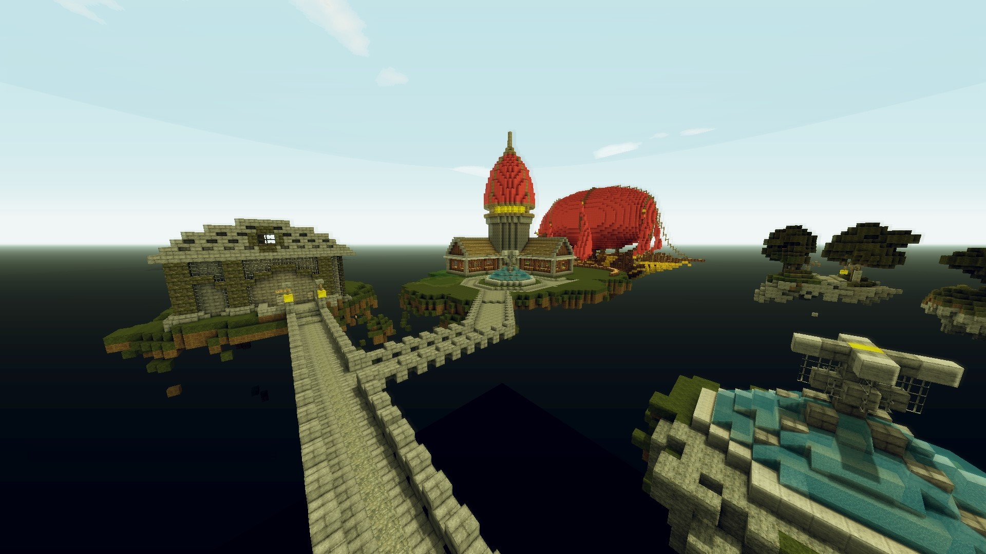 Minecraft floating islands with structures and trees HD Wallpaper