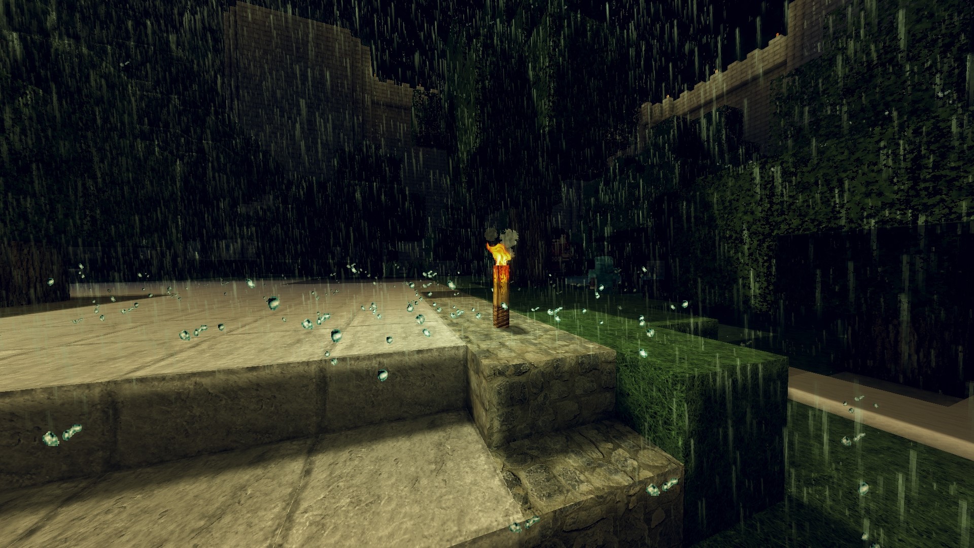 Torch on stone steps in the rain HD Wallpaper