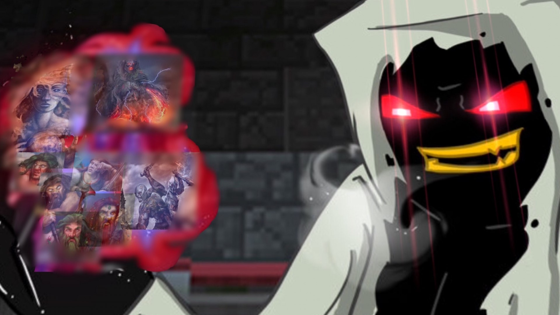 Villains with glowing eyes and a collage of faces HD Wallpaper