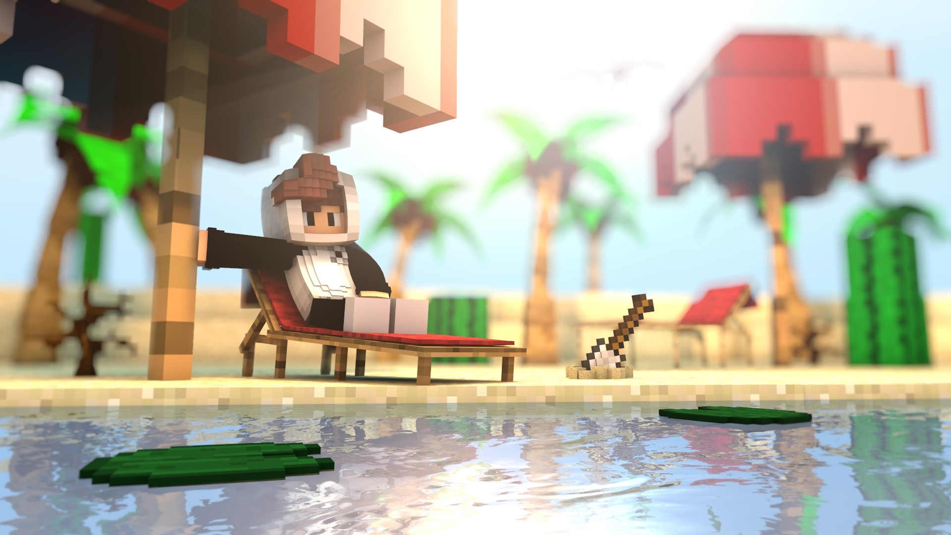 Minecraft character relaxing on a beach chair HD Wallpaper