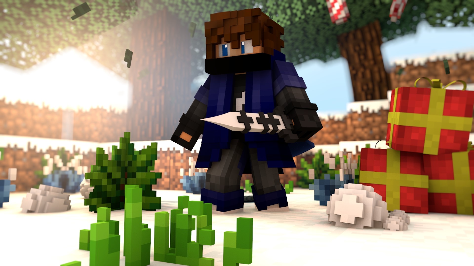 Minecraft character with ninja mask and sword in winter HD Wallpaper