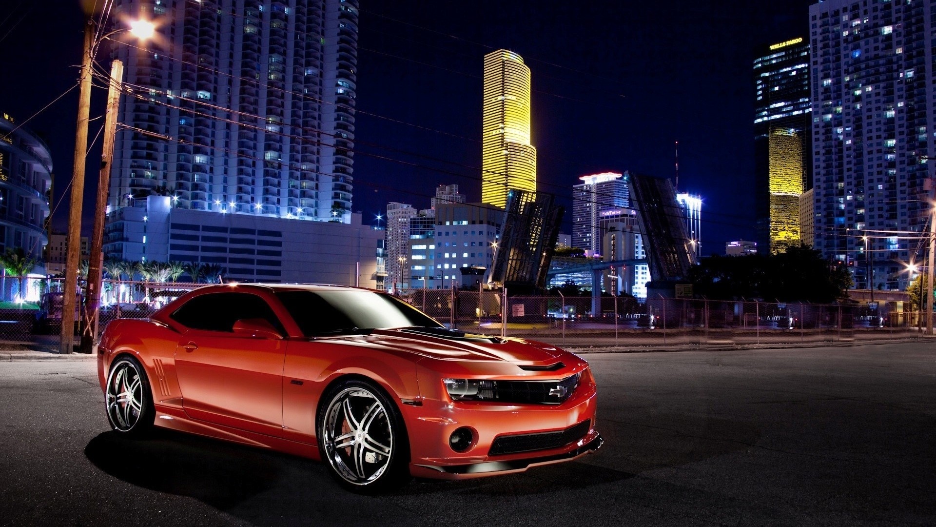 Red Chevrolet Camaro in City at Night HD Wallpaper