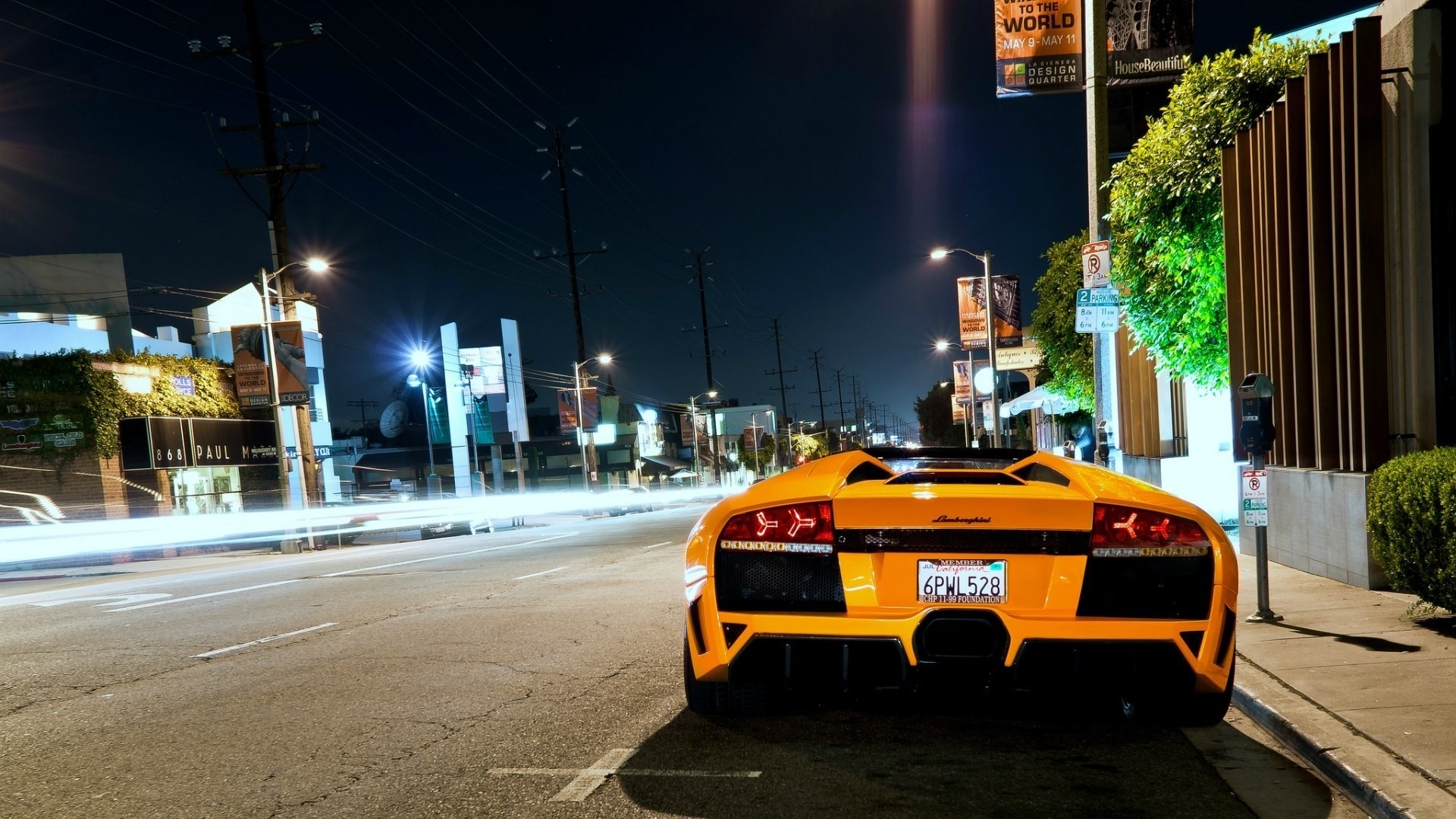 Orange Lamborghini Murcielago on a City Street at Night HD Wallpaper