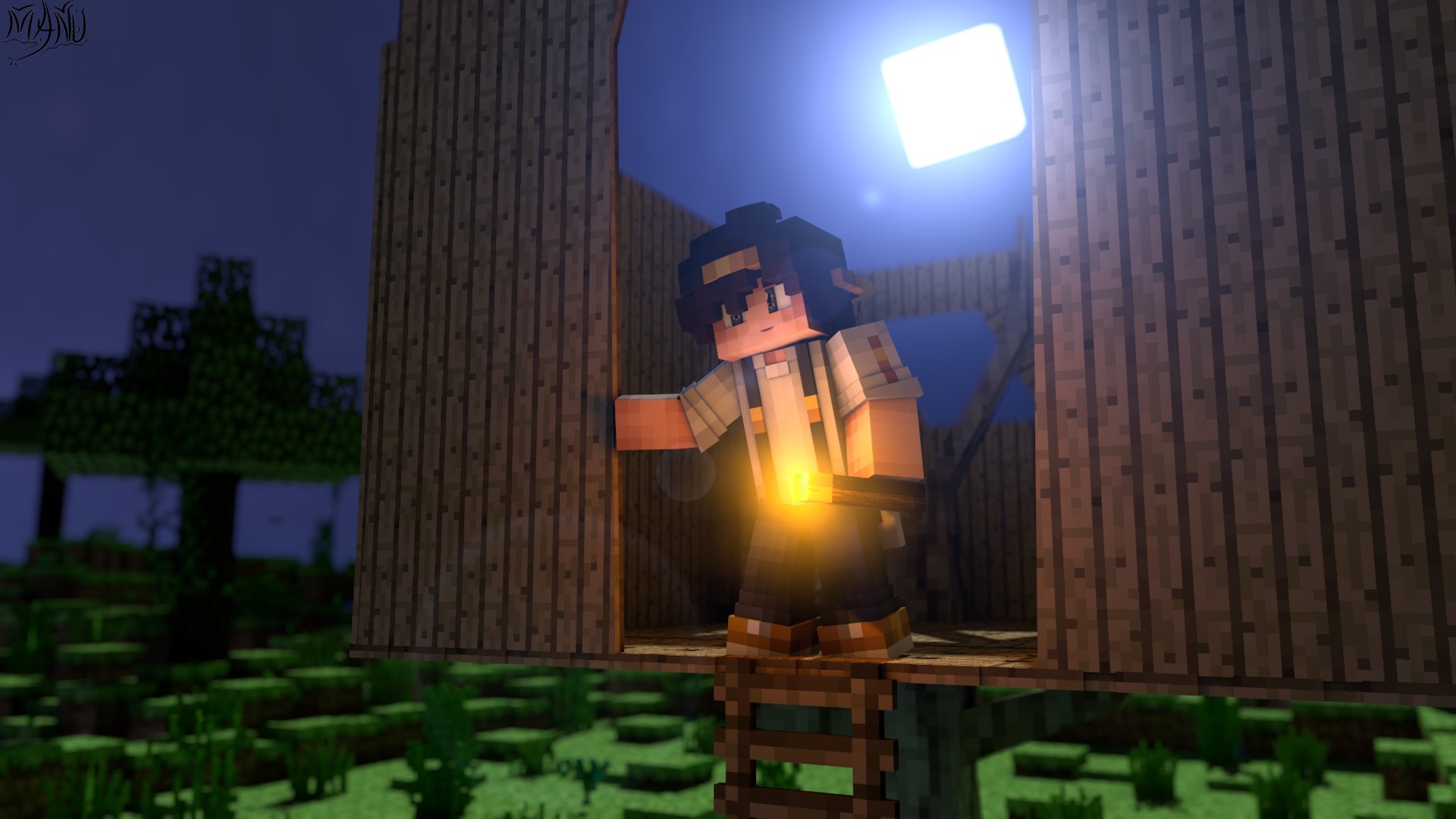 Minecraft character holding a torch in a treehouse HD Wallpaper