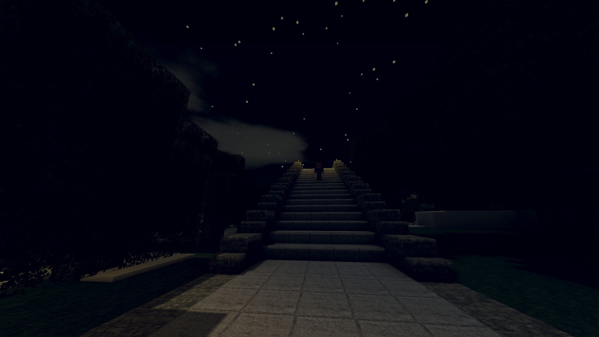 Minecraft character walking up stone steps at night HD Wallpaper