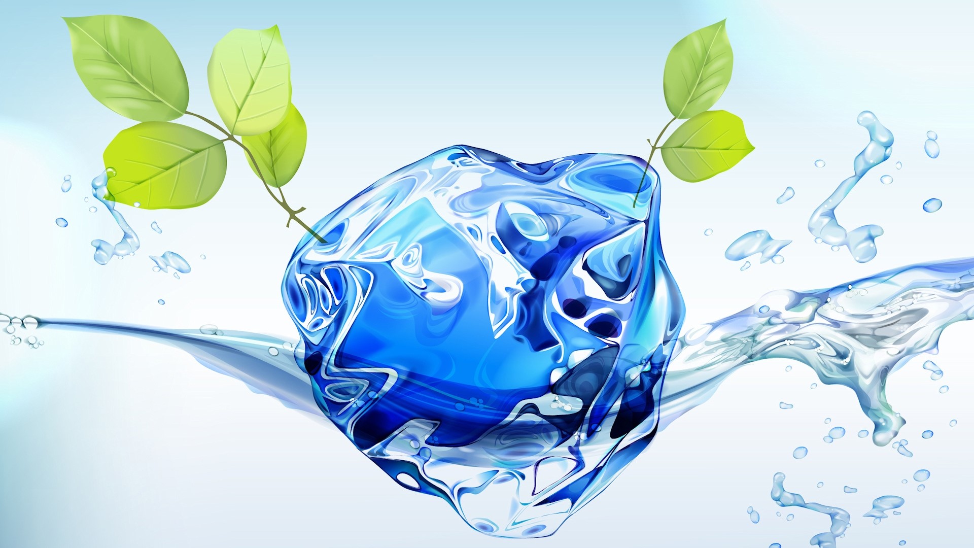 Ice cube with leaves and water splashes HD Wallpaper