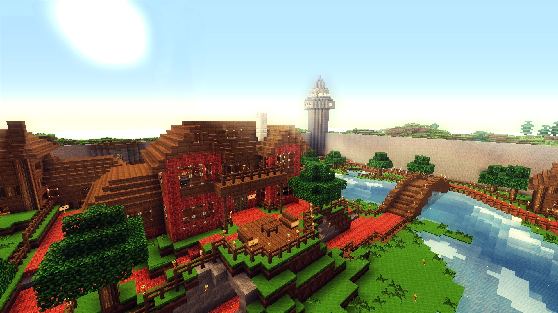 Minecraft village with river and lighthouse HD Wallpaper