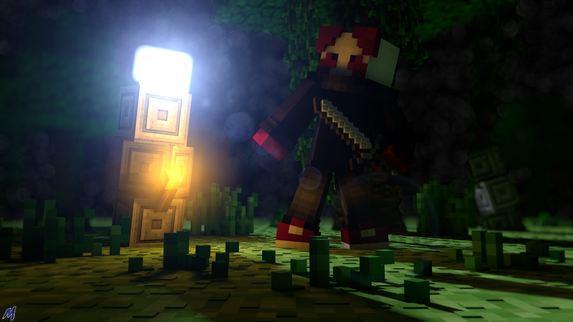 Minecraft character with lantern in forest HD Wallpaper