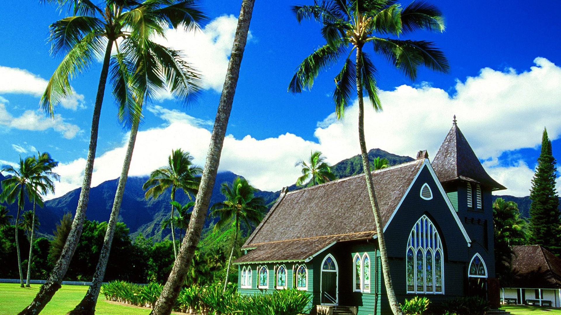 Waioli Hui'ia Church with Palm Trees and Mountains HD Wallpaper