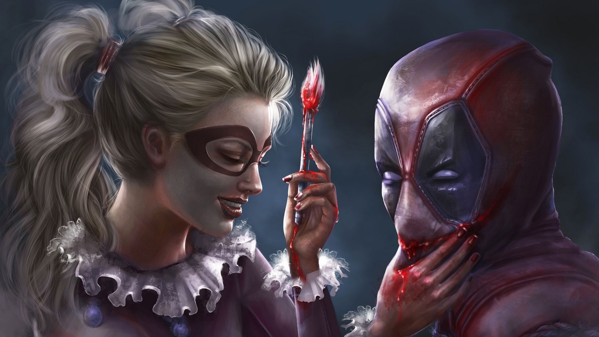 Deadpool and Harley Quinn with bloody brush HD Wallpaper