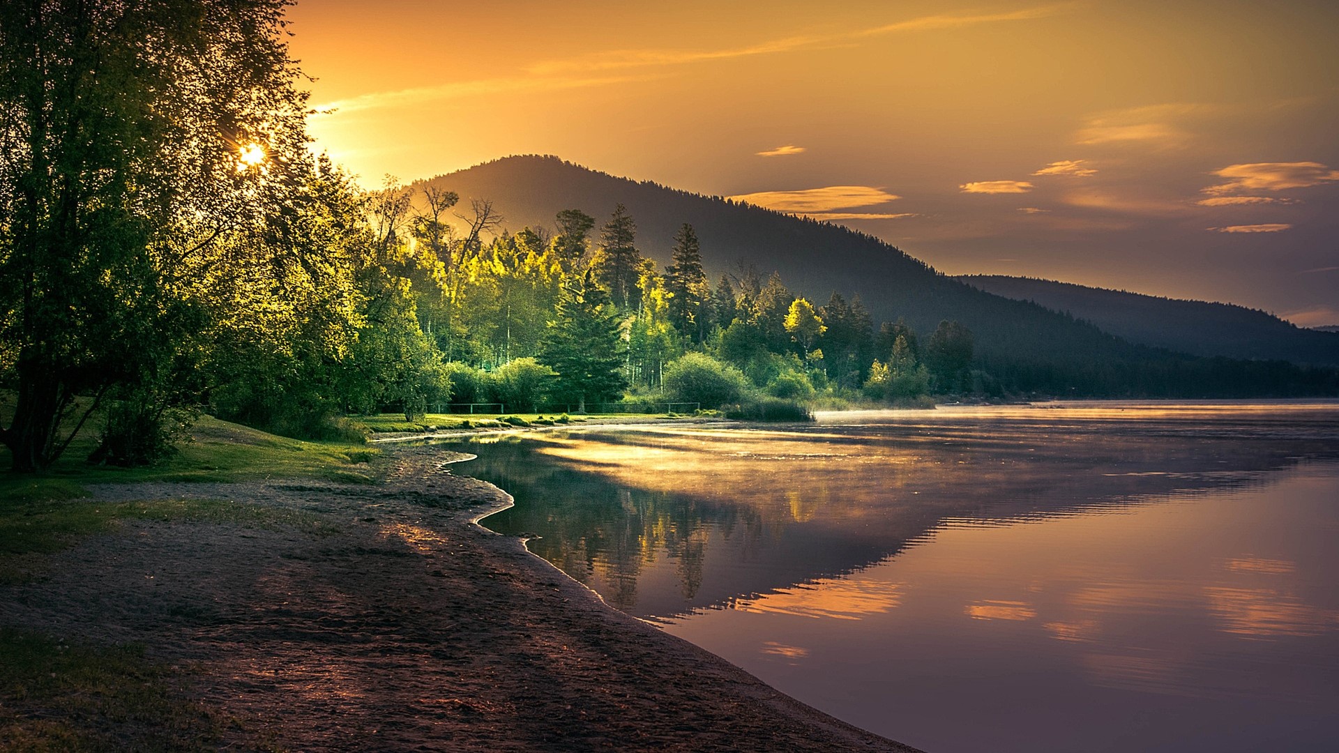 Lake and forest at sunrise HD Wallpaper
