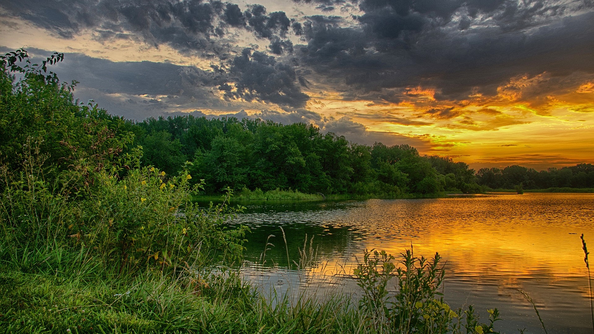 Sunset over a lake with trees and clouds HD Wallpaper