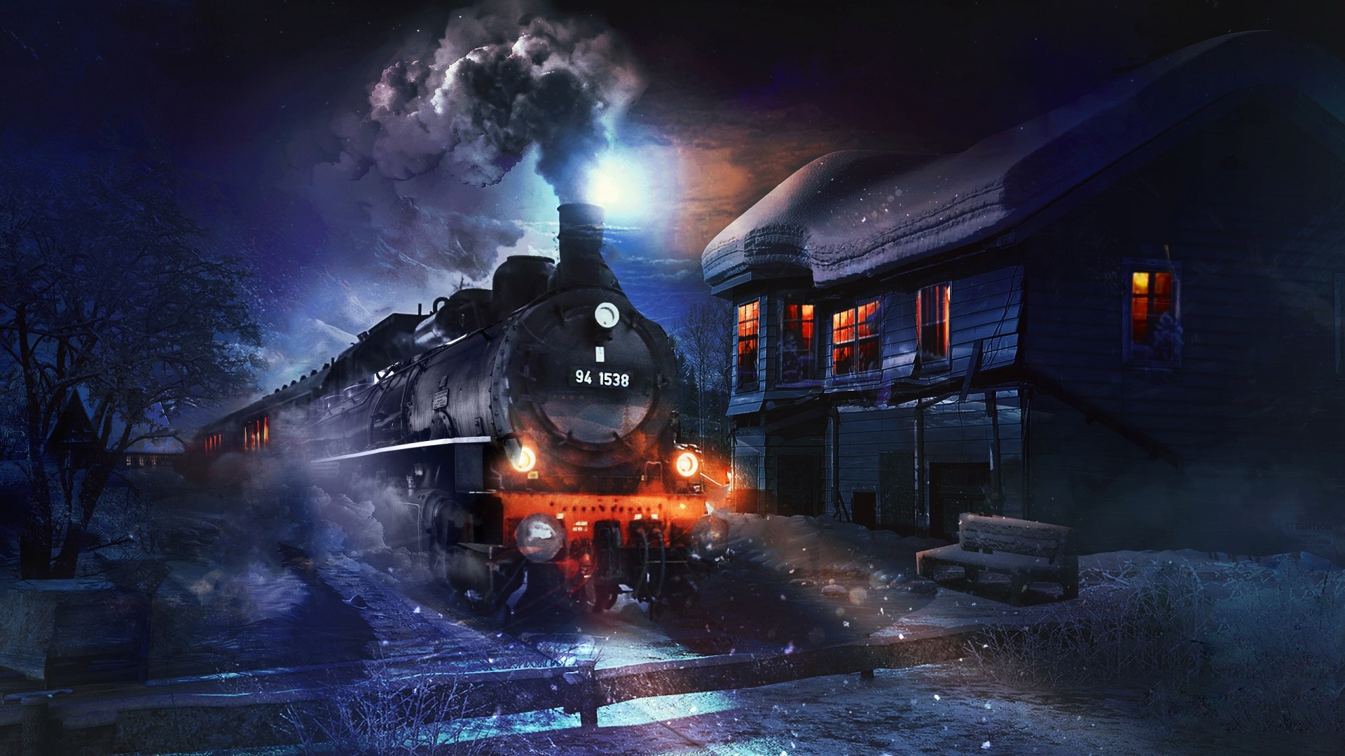 Old steam locomotive at night near a house HD Wallpaper