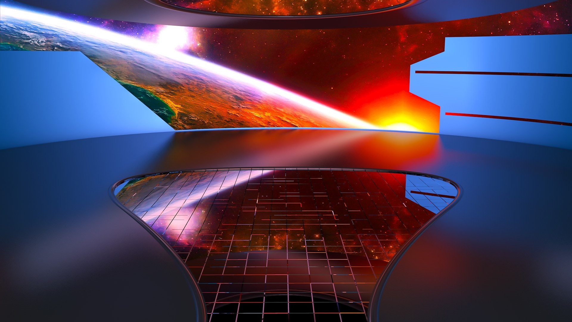 Futuristic interior with view of Earth and space HD Wallpaper