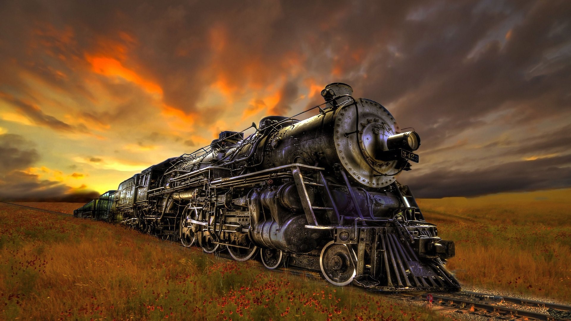 Steam Locomotive on Tracks at Sunset HD Wallpaper