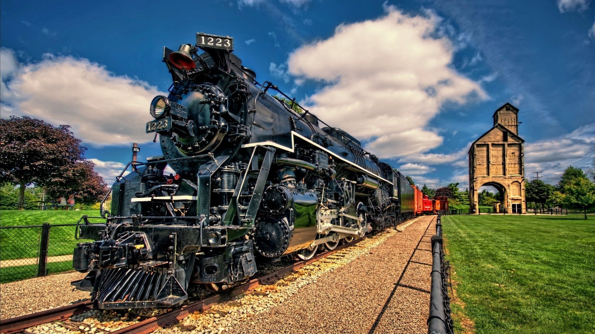 Old steam locomotive 1223 on tracks HD Wallpaper