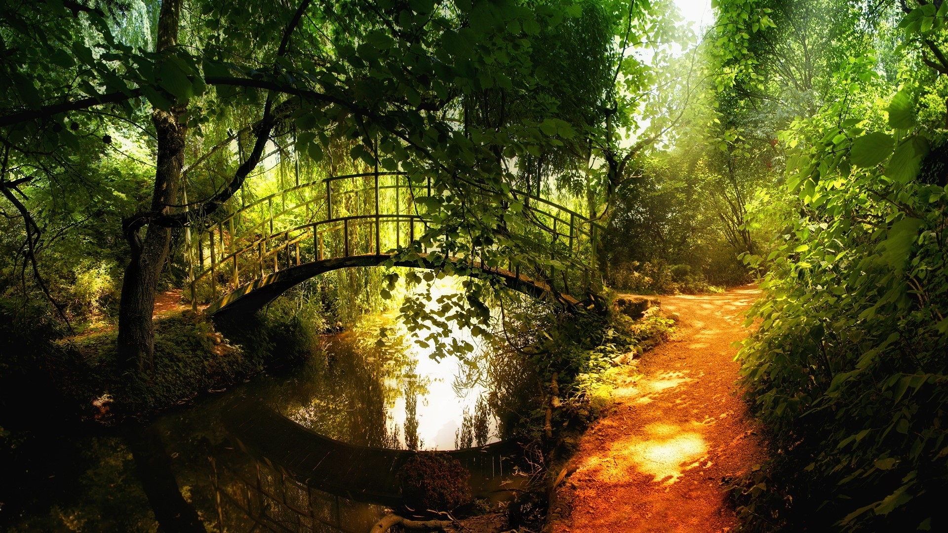 Park bridge over a stream with a path HD Wallpaper