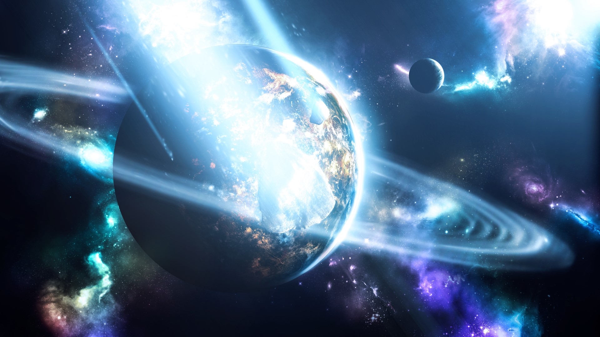 Planet with Rings and Moon in Nebula HD Wallpaper