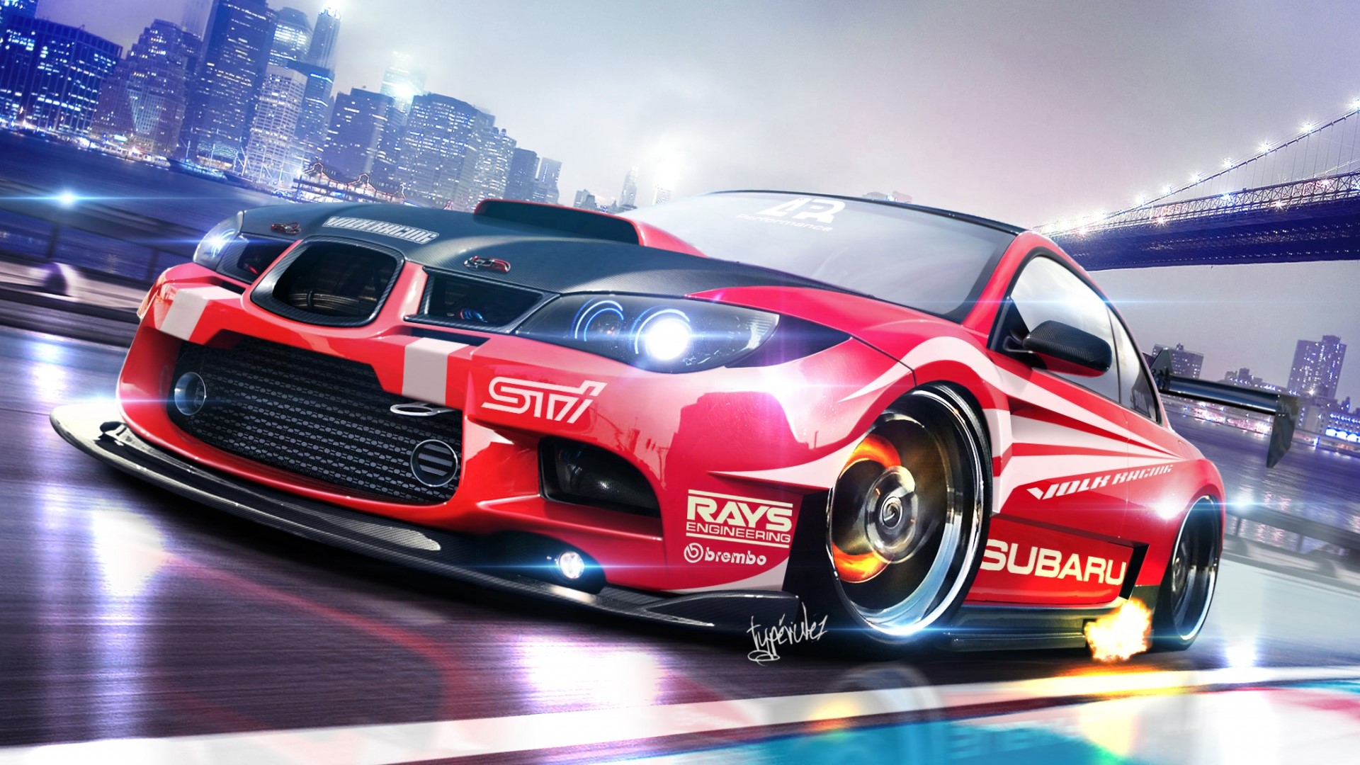 Red Subaru WRX STI racing car with racing decals HD Wallpaper