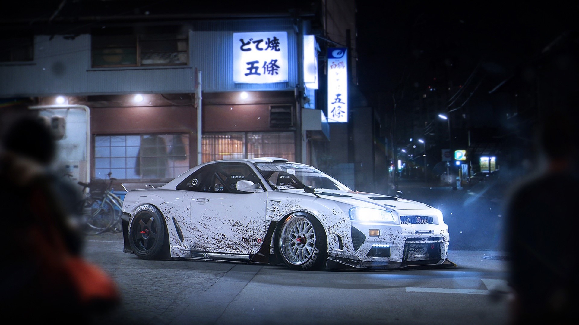 White Nissan Skyline R34 covered in mud at night HD Wallpaper