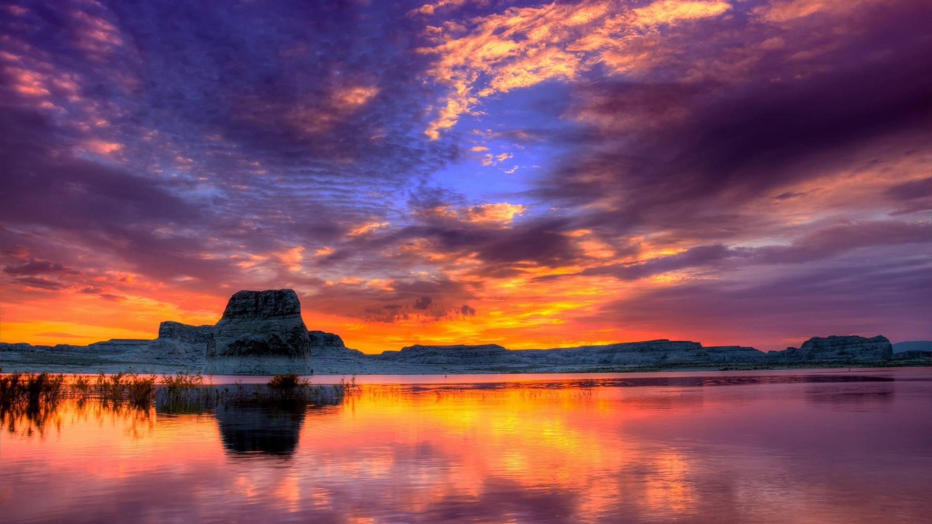 Colorful Sunset Over Lake and Rock Formations HD Wallpaper