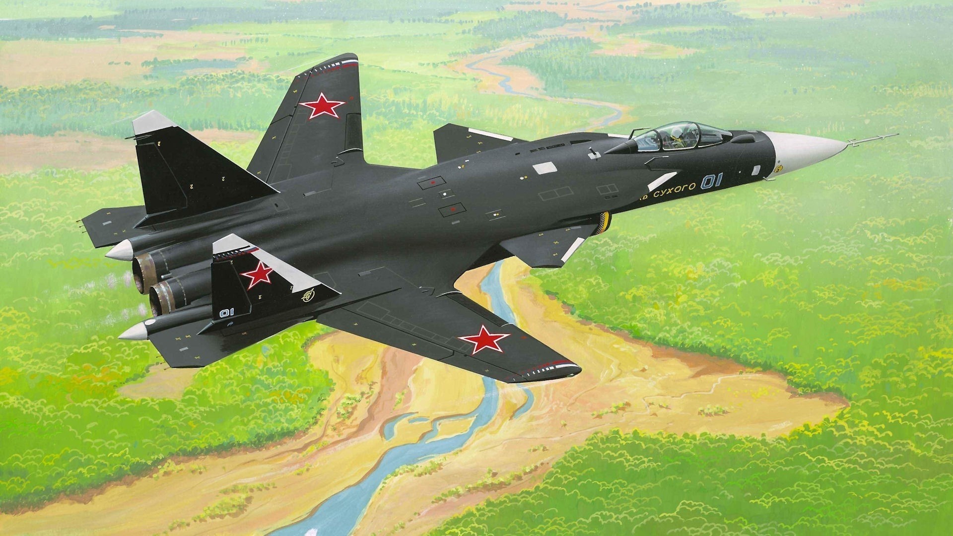 Sukhoi Su-47 Berkut fighter jet flying over landscape HD Wallpaper