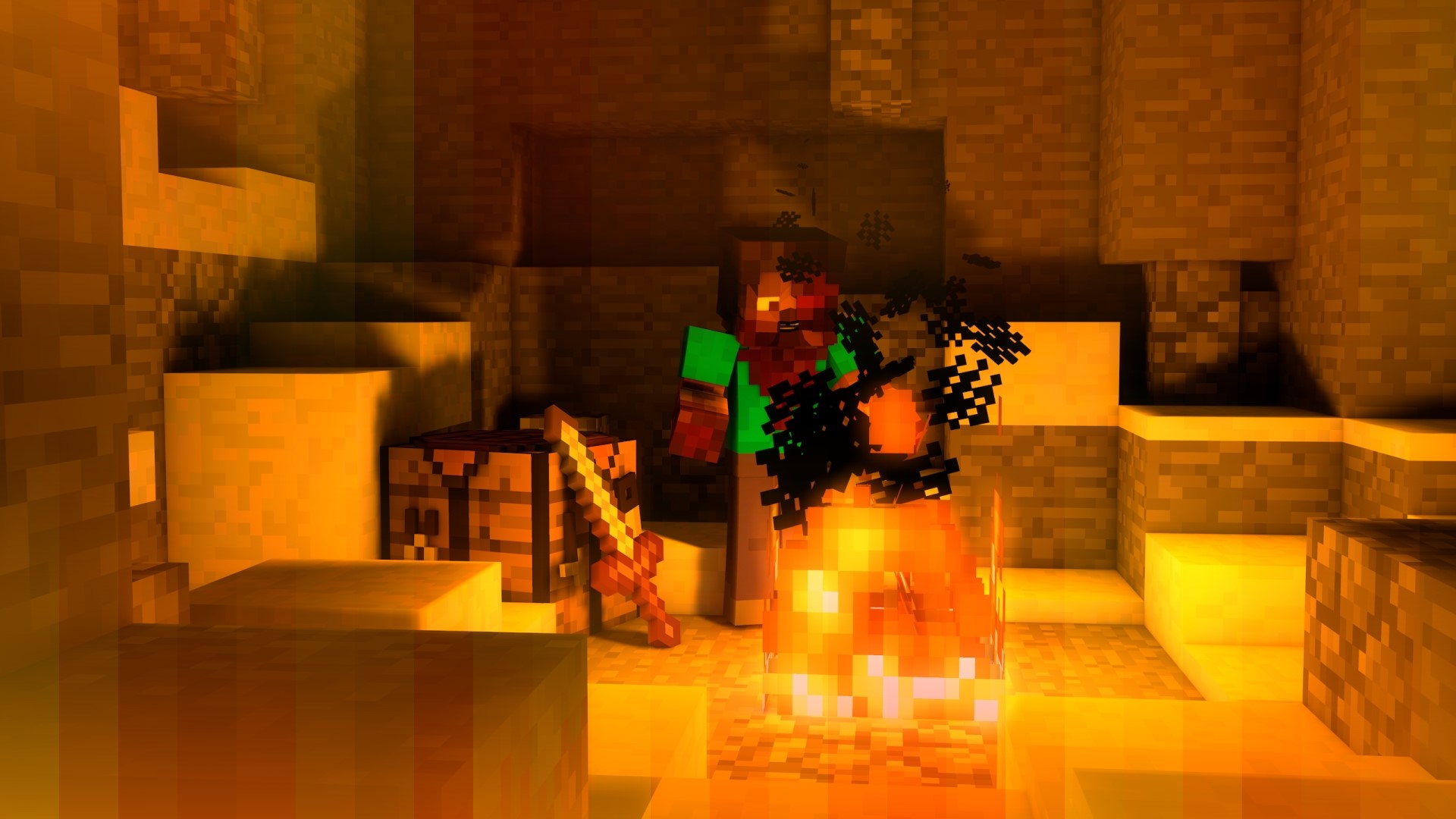 Steve from Minecraft in a cave with a campfire HD Wallpaper