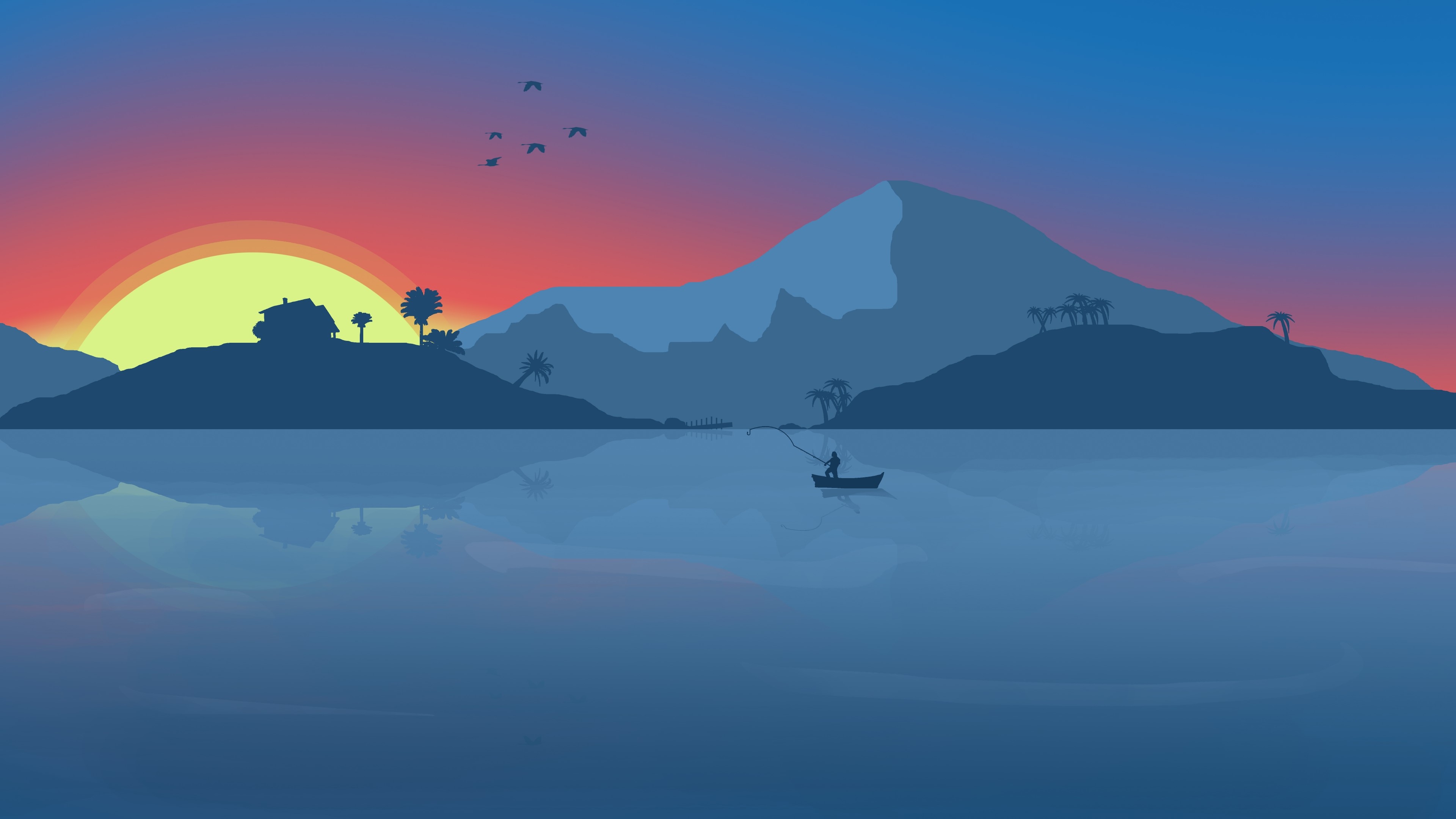 Sunset over a calm lake with a fisherman HD Wallpaper