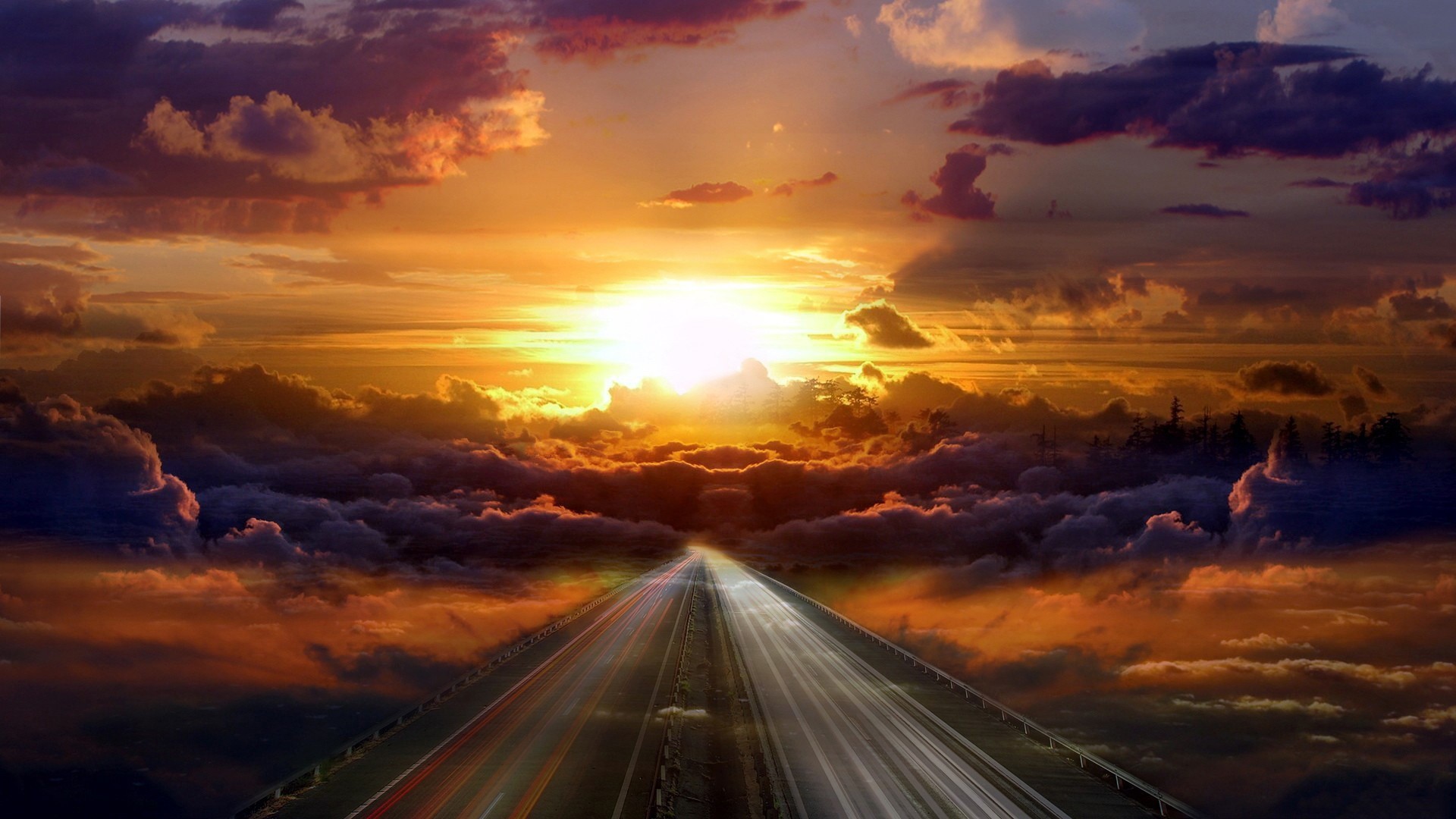 Road through clouds at sunset HD Wallpaper