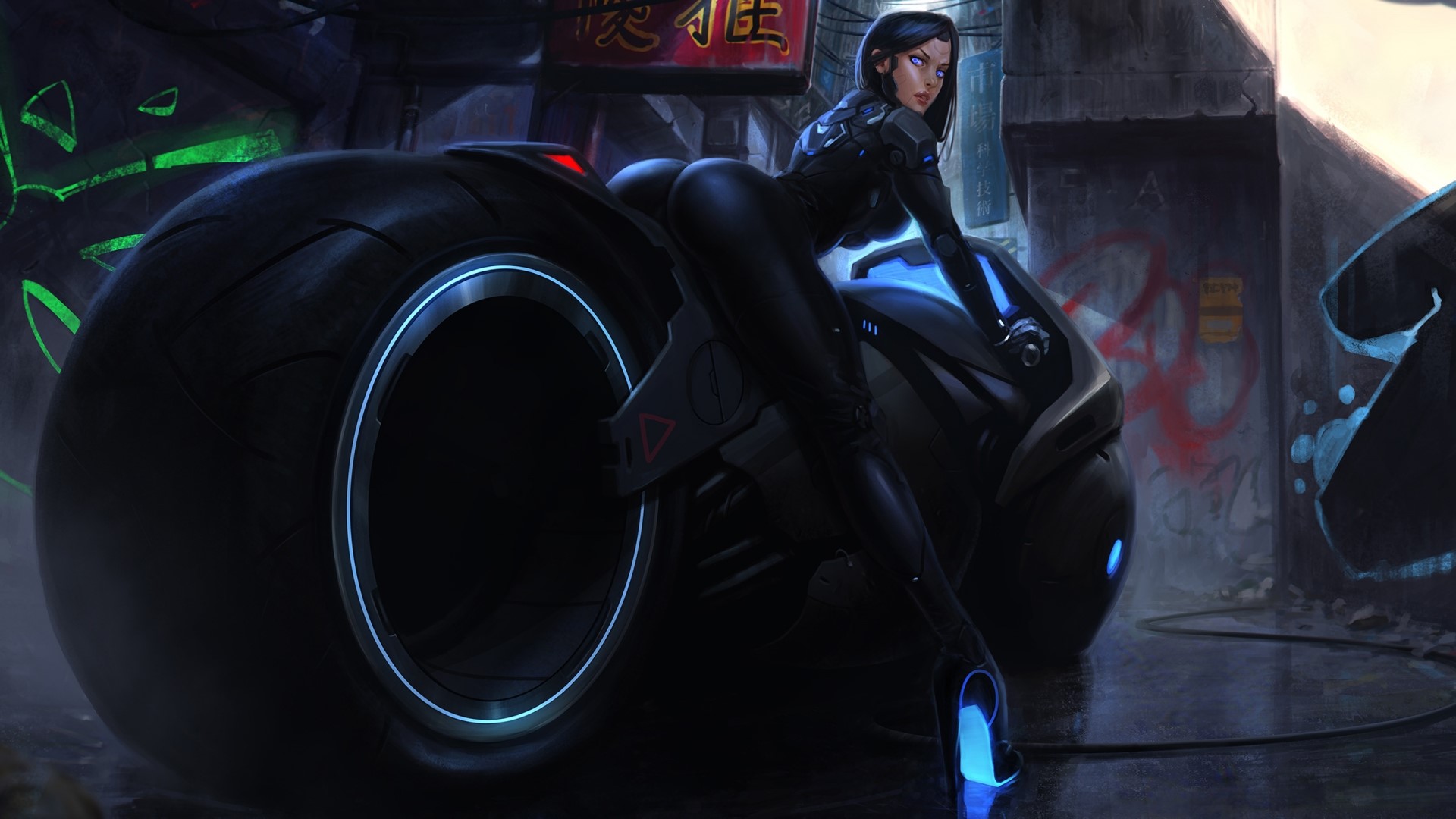 Girl in Tron-style suit on a cyberbike HD Wallpaper