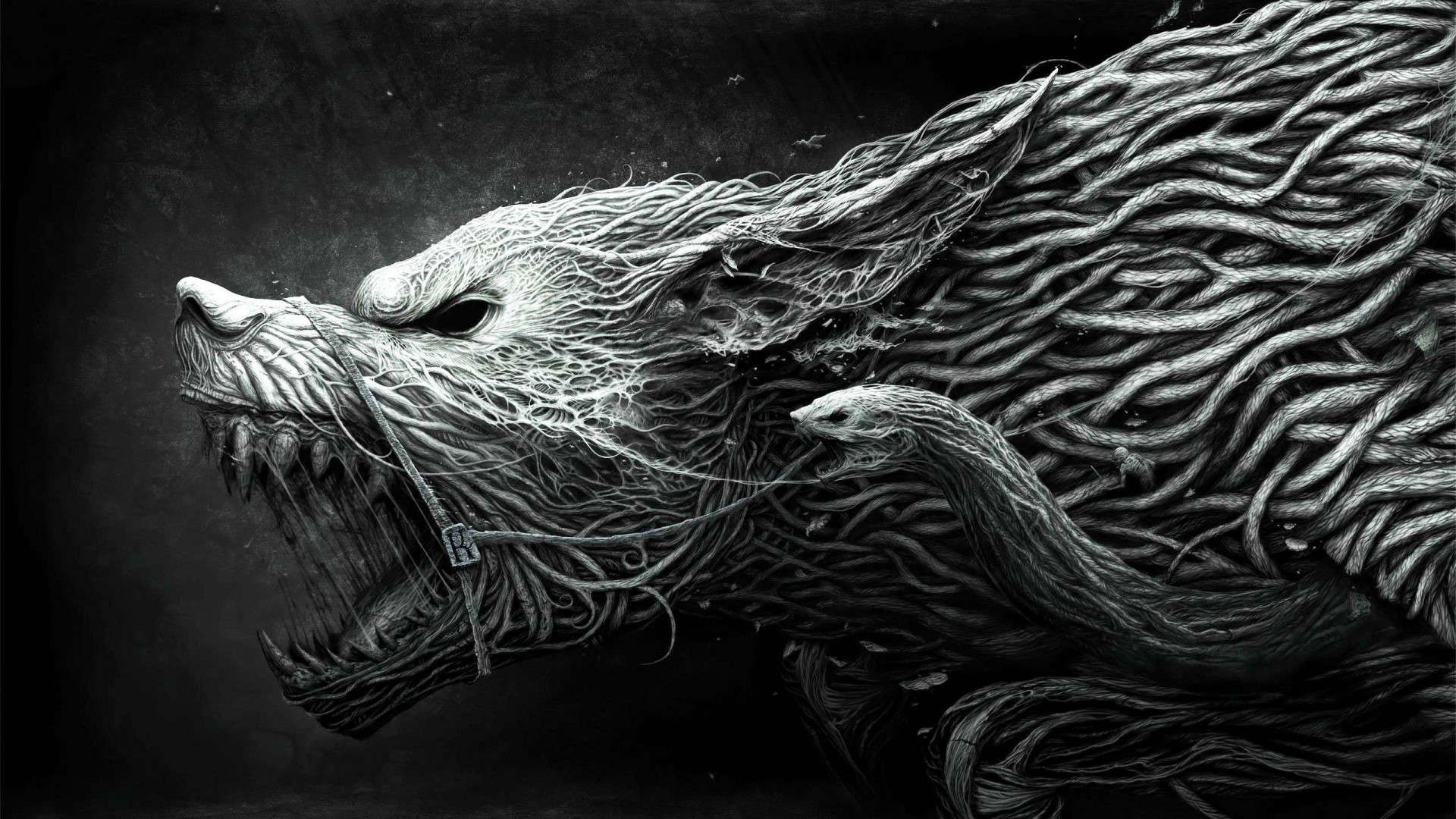Dark Fantasy Wolf Made of Roots HD Wallpaper