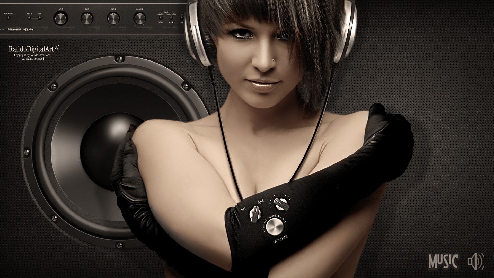 Woman with headphones and speaker HD Wallpaper