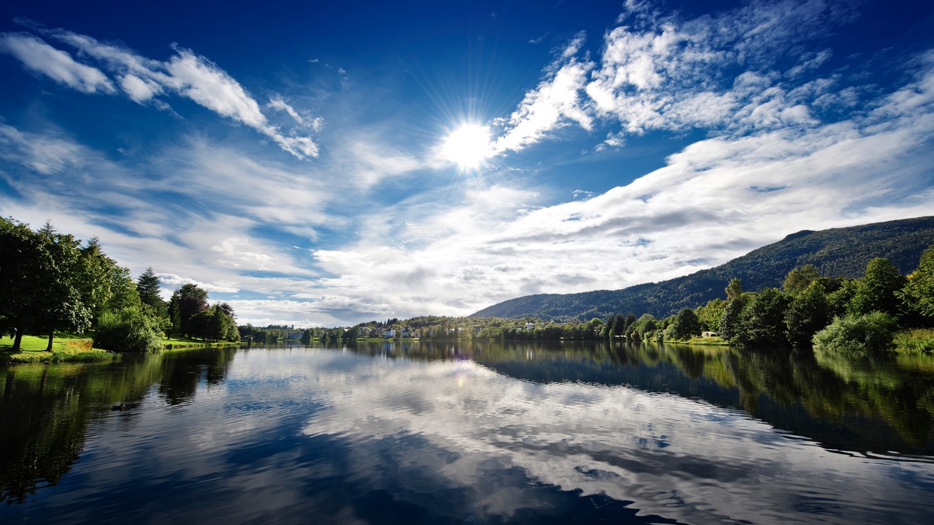 Sunny lake with mountains and trees HD Wallpaper
