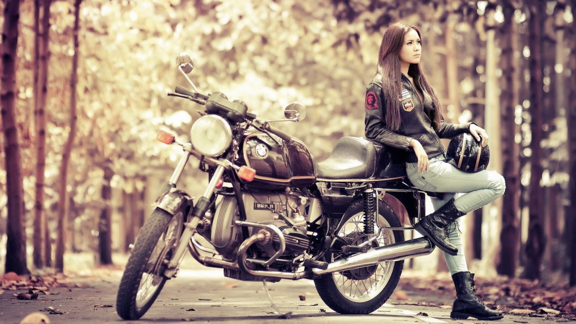 Girl with BMW R100S motorcycle HD Wallpaper