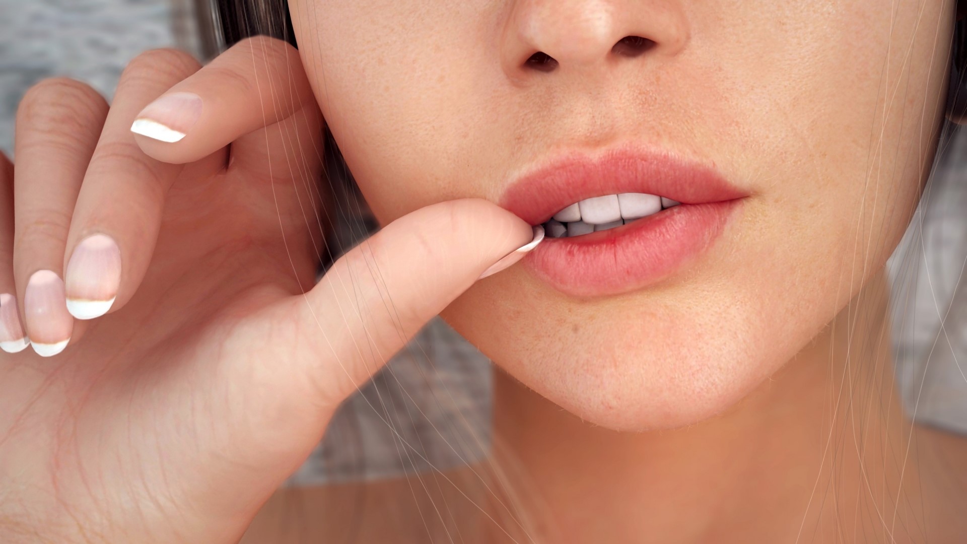 Close-up of a woman's mouth and hand HD Wallpaper