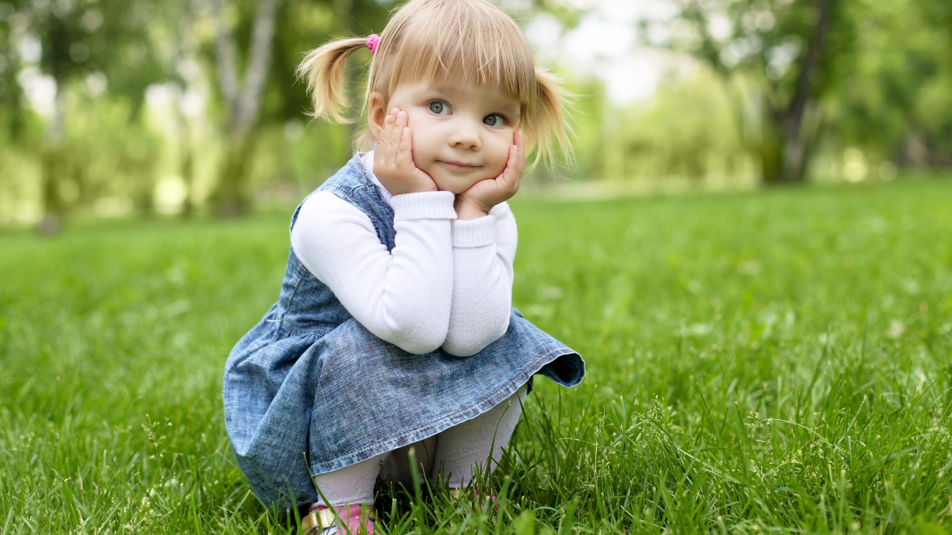 Cute blonde girl with pigtails in a denim dress HD Wallpaper