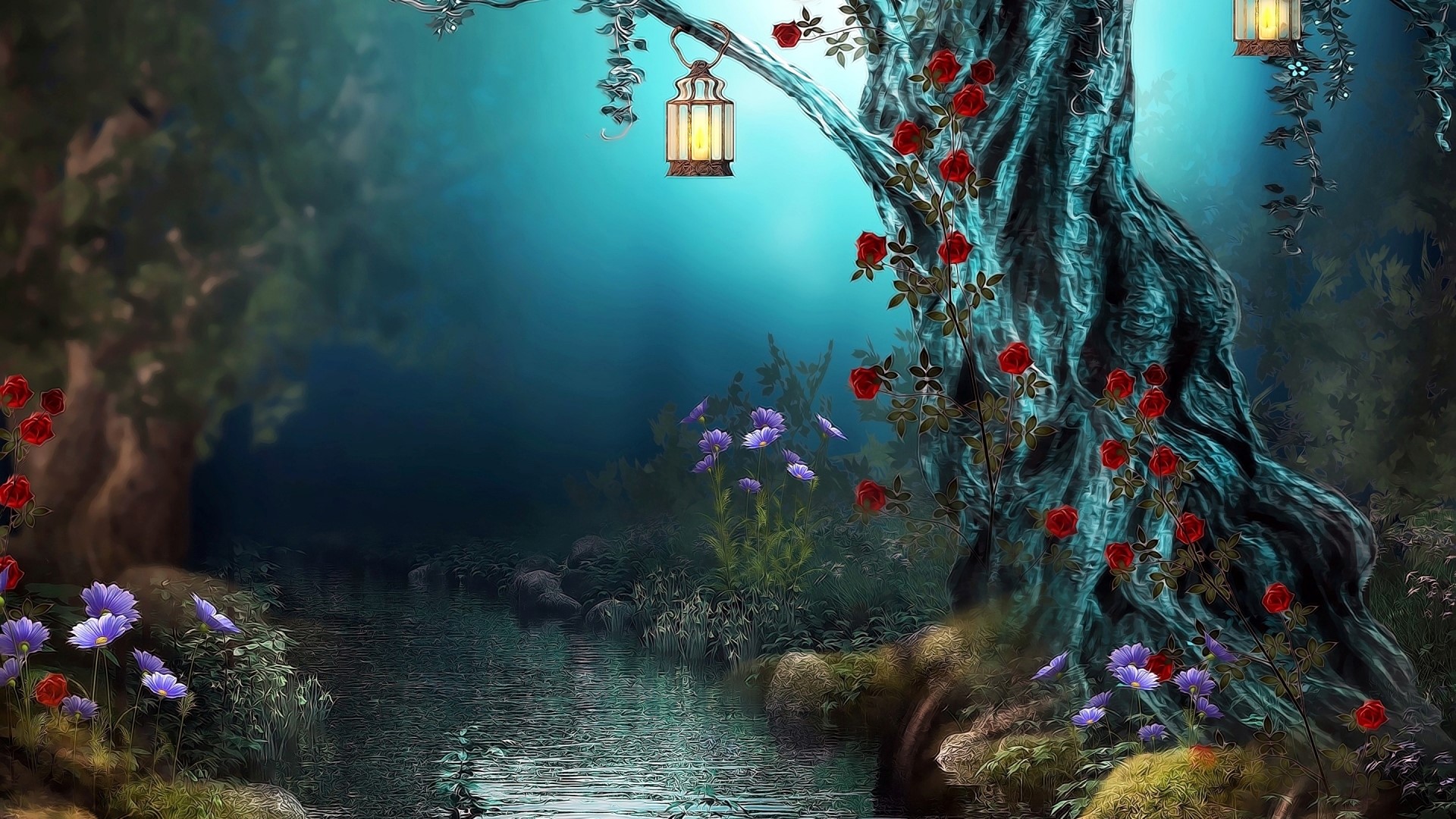 Fantasy forest with glowing lanterns and roses HD Wallpaper