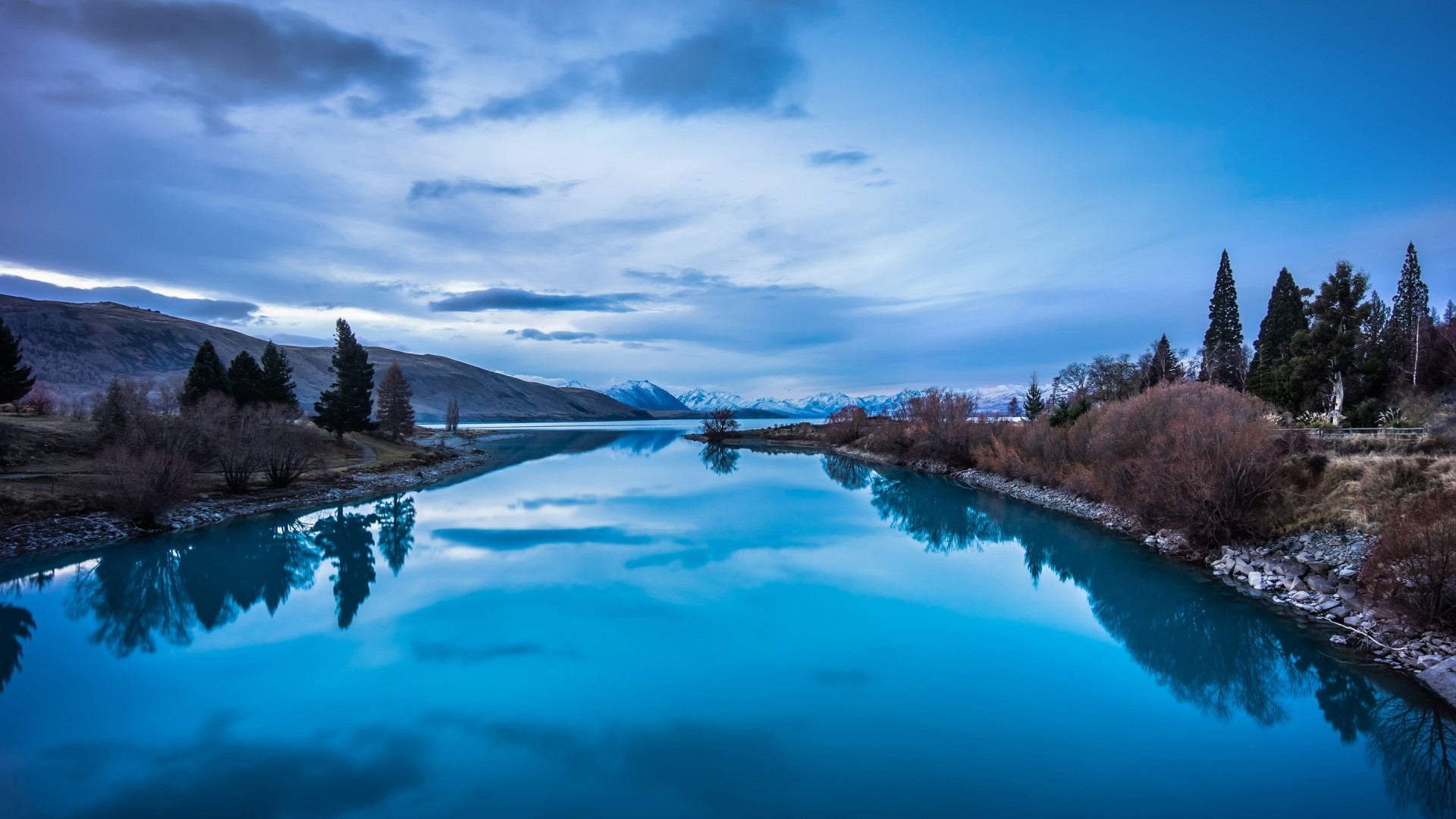 Blue Lake Reflection with Mountains and Trees HD Wallpaper
