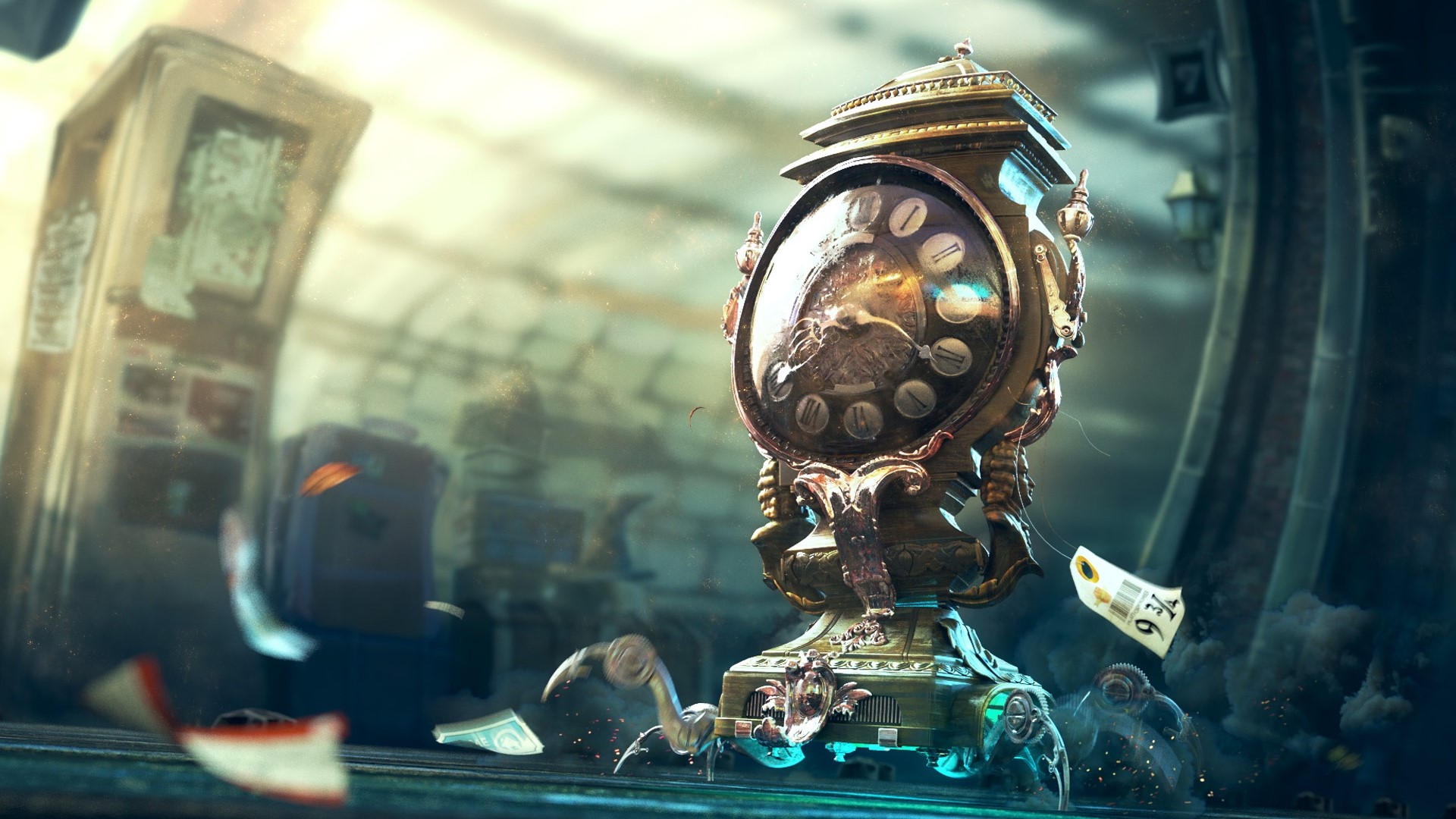 Steampunk clock with robotic legs and flying papers HD Wallpaper