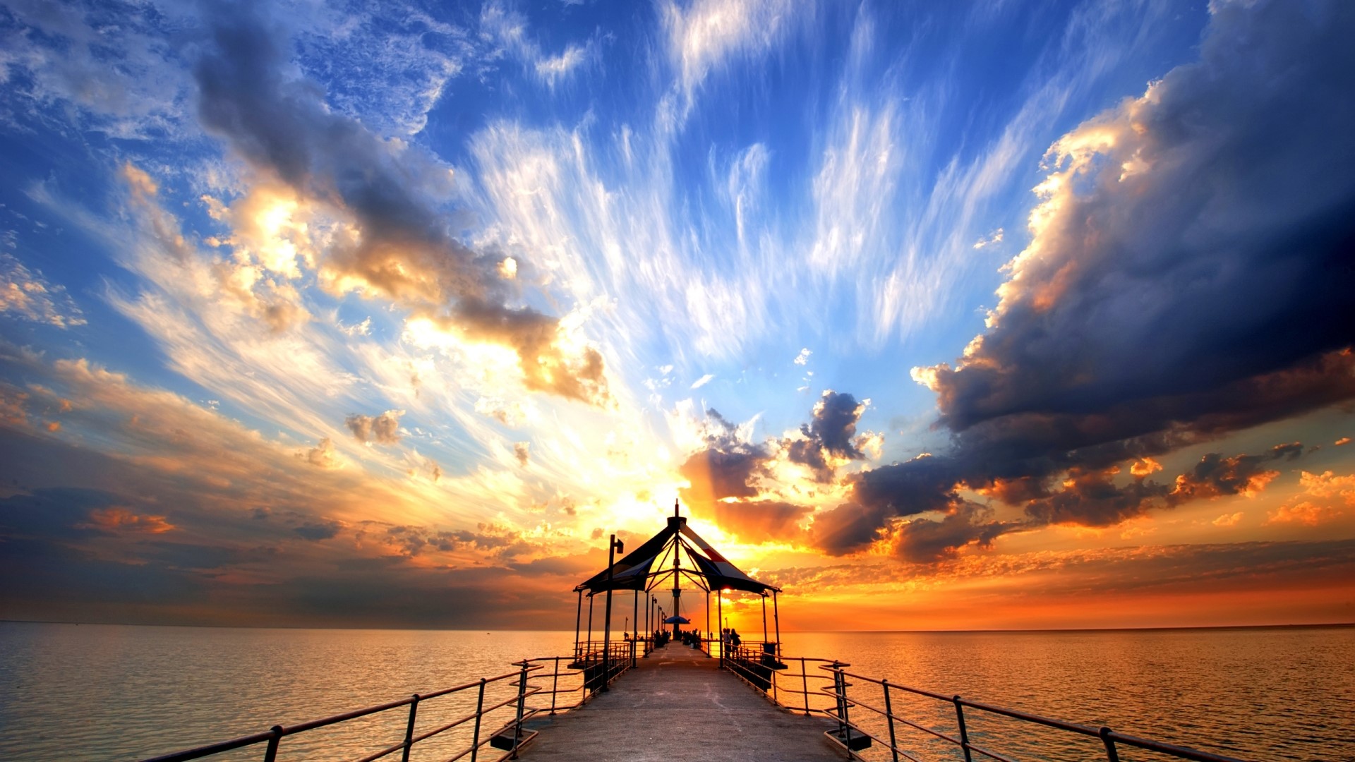 Pier with Gazebo at Sunset HD Wallpaper
