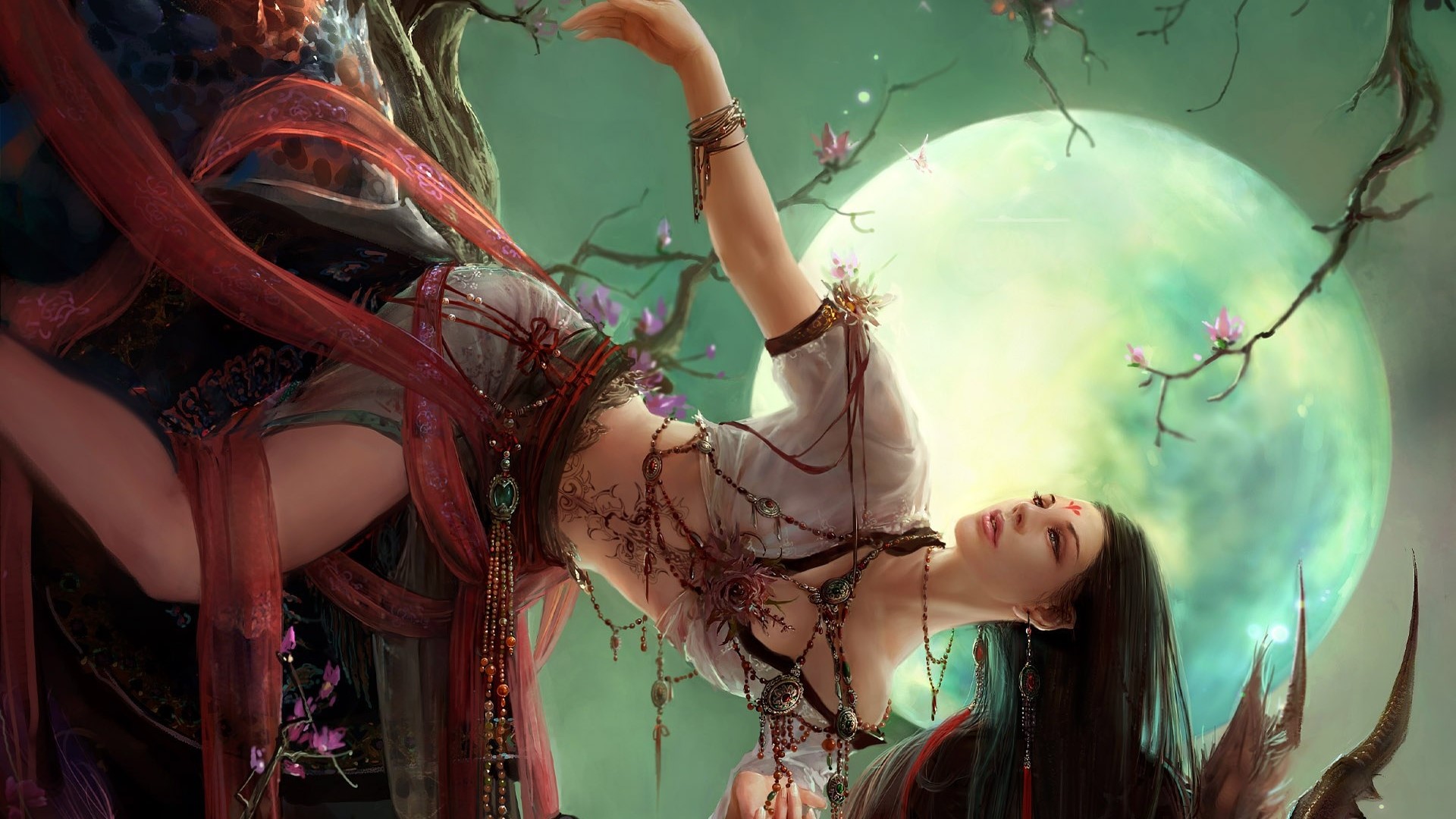 Fantasy girl with ornate jewelry under a large moon HD Wallpaper
