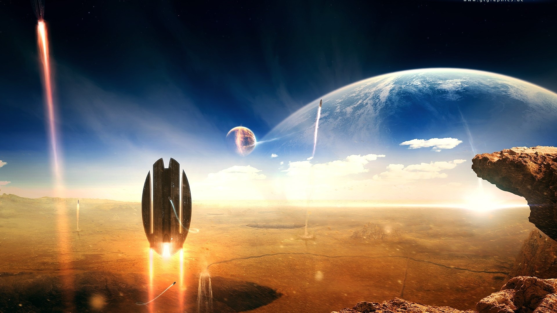 Alien planet with spacecraft and planets in the sky HD Wallpaper