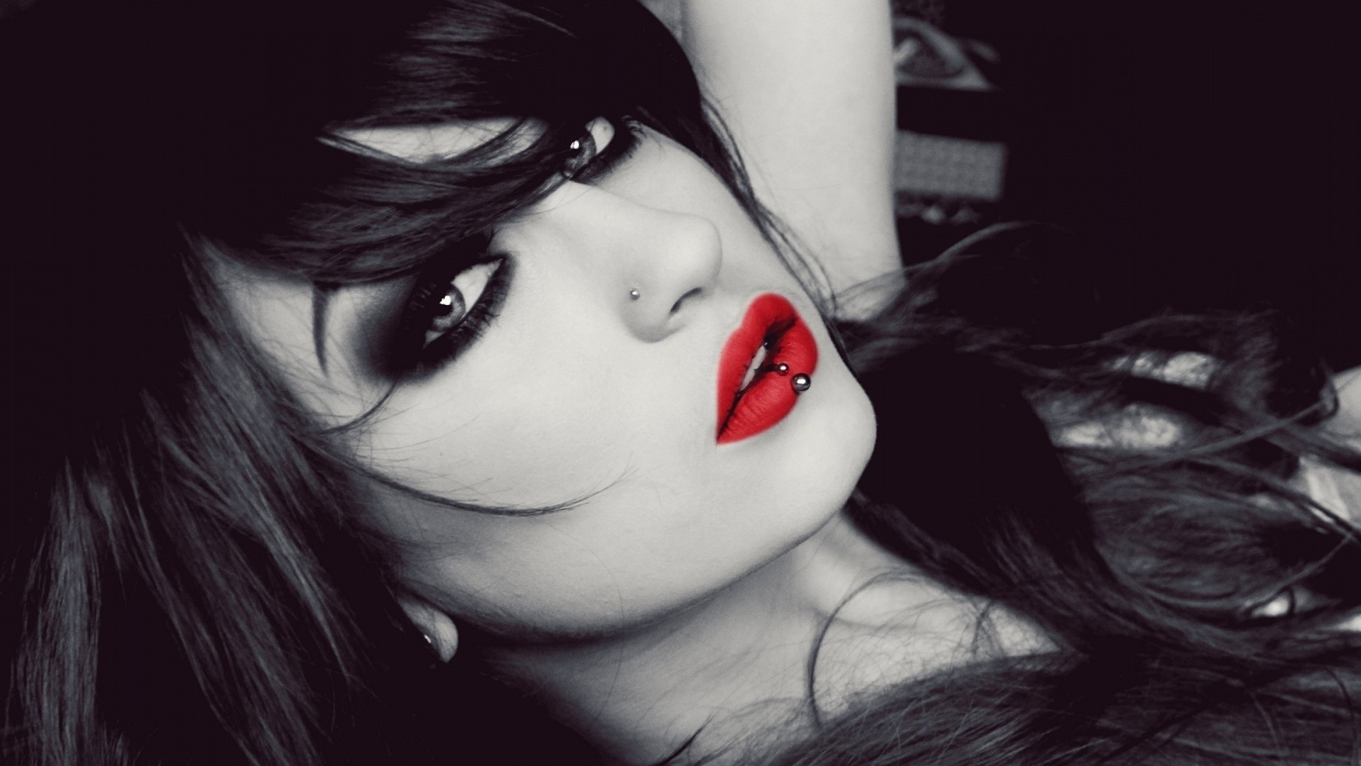 Woman with red lipstick and piercings HD Wallpaper